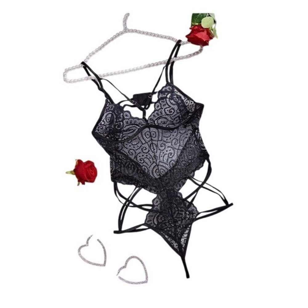 Black Lace Teddy Bodysuit Halter Strappy Babydoll Lingerie Women Size M